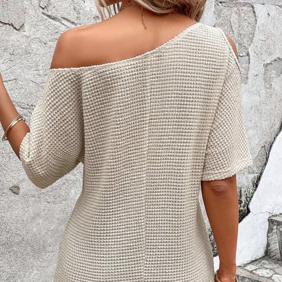 Apricot Casual Womens Waffle Knit Asymmetrical Neck Tee - Picture 2 of 5